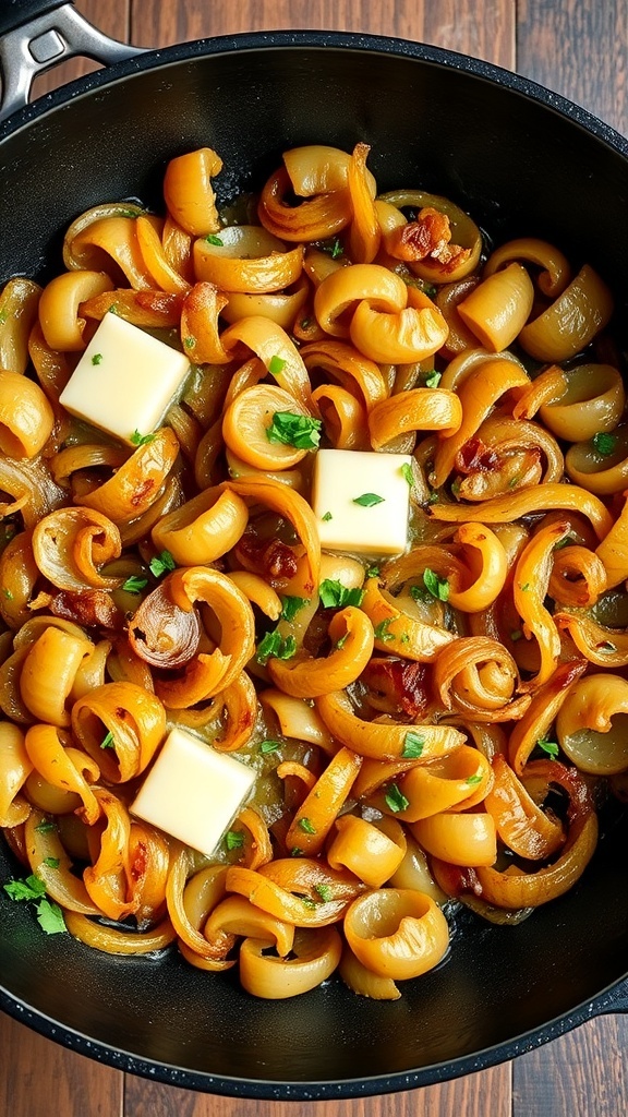 Sautéed Onion Recipe A skillet of caramelized sautéed onions, golden brown and garnished with herbs.
